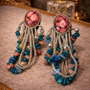 Vintage 80s Elegant Beaded Piercing  Earrings with Pink and Blue Stones